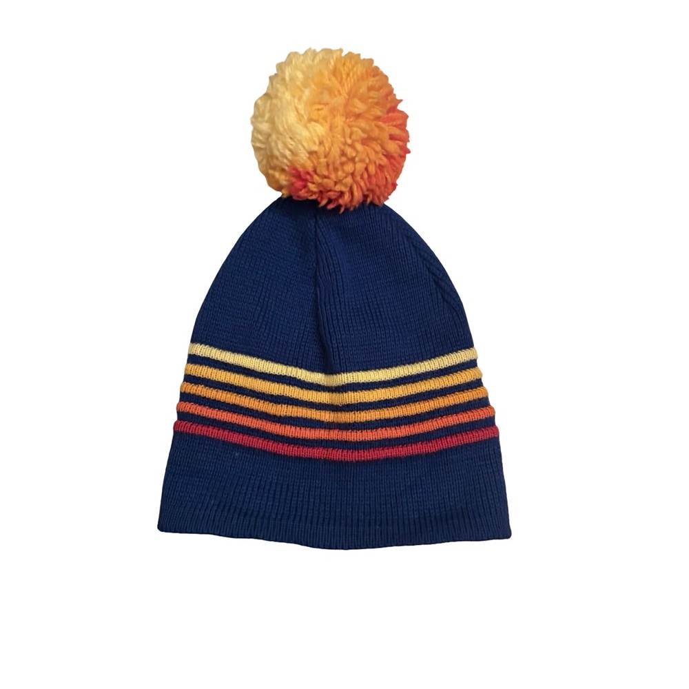 New Vintage 1980s Wigwam Wool Knit Colorful Striped Pom-Pom Beanie Winter Hat
